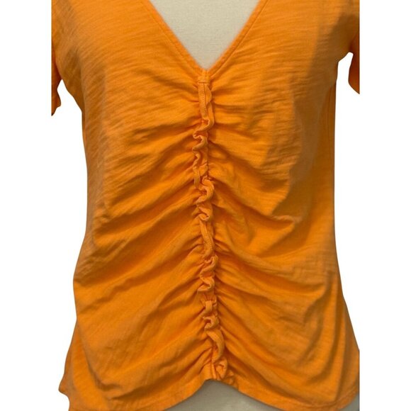 Nation LTD Giada Top Ruffled V-Neck Slub Poplin Puff Sleeve Cotton Orange Size M - Picture 2 of 9